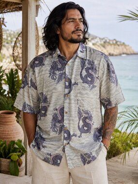 Box Office Purple Gray Dragon Print Hawaiian Camp Shirt Men’s L 100% Cotton Butt